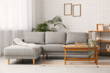 Cozy sofa and coffee table with plant and word DREAM in living room
