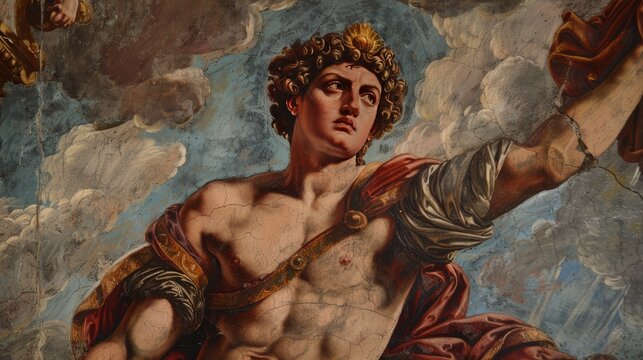 Vintage painting of a mythological god with gold crown in a cloudy sky