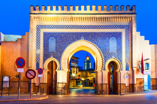 Fez, Morocco: Bab Bou Jeloud, or Blue gate is an ornate city gate in Fes el Bali, entrance in the old city or Medina. North Africa