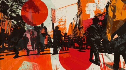 Vintage protest poster with silhouettes of people holding signs