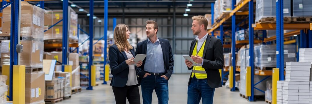 The warehouse logistics focuses on supply chain, inventory management, teamwork, and operations in a professional setting. Consulting, planning, and collaboration are essential components