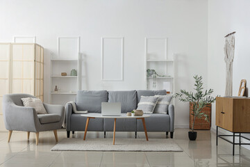 Interior of stylish living room with cozy sofa, coffee table, chest of drawers and olive tree
