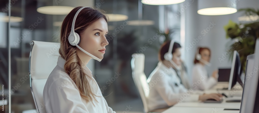 Aufkleber a professional team of customer service representatives in a modern office focuses on teamwork and c