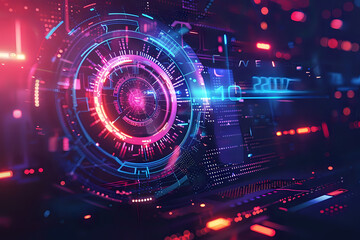 Obraz premium Futuristic digital interface with glowing holographic elements on a dark background, representing advanced technology and innovation. Ideal for tech articles, digital marketing, and futuristic concep