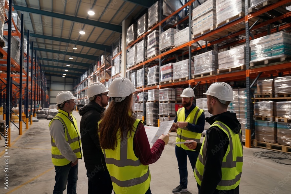 Poster In the warehouse, the team meeting focuses on inventory management with a view to maintaining an organized storage system with shelves for efficient workflow and logistics operations