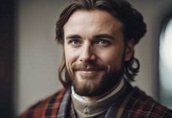 Obraz premium portrait of a beautiful Scottish man in traditional dress with sincere smile, isolated white background 