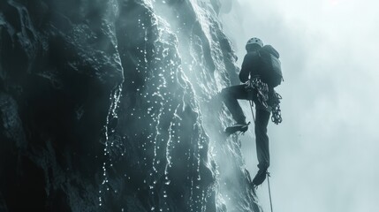 Obraz premium Rock climber ascending in reverse silhouette on a white background
