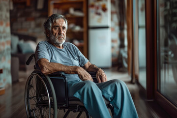 An elderly latino man sits in a wheelchair in a room with a window, looking sad and tired. The scene highlights the concepts of depression and loneliness.