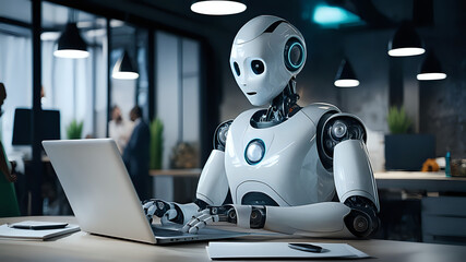 robot working in the office close up. team working on laptop in the office. artificial intelligence. AI generated