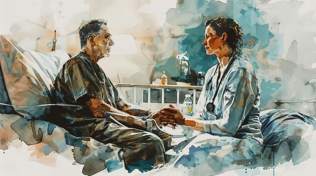 Vintage Watercolor Painting of a Doctor and Patient in a Hospital Room