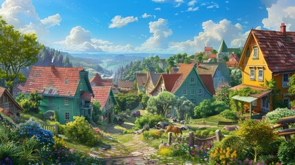 Obraz premium rural town in spring or summer, showing the colorful houses generative ai