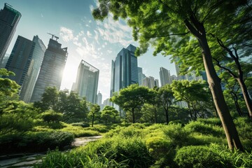 Fototapeta premium Technology aiding in the growth of an eco-friendly city background, AI generated