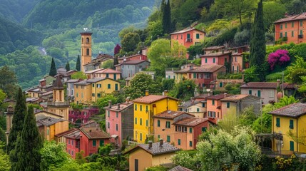 Obraz premium rural town in spring or summer, showing the colorful houses generative ai