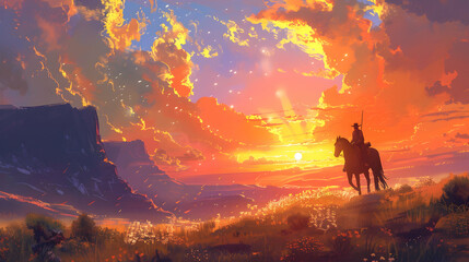 beautiful scenery showing a man riding a horse against a stunning landscape, digital illustration painting