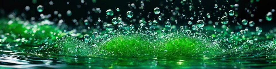 This abstract background captures the dynamic energy of a green water splash, with droplets and bubbles suspended in motion against a dark, mysterious backdrop.