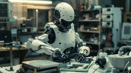 Fototapeta premium A robot is sitting on a workbench in a factory