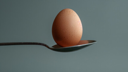 An egg on a spoon, isolated on a plain background