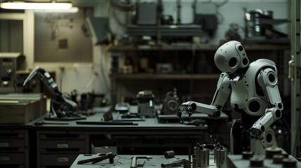 A robot is standing in a workshop with a black and white color scheme