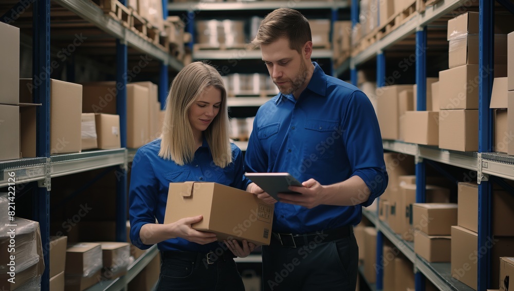 Poster Warehouse workers efficiently managing inventory using digital tablets at a storage facility, collaborating to ensure effective organization and logistics for shipping, receiving, and fulfillment