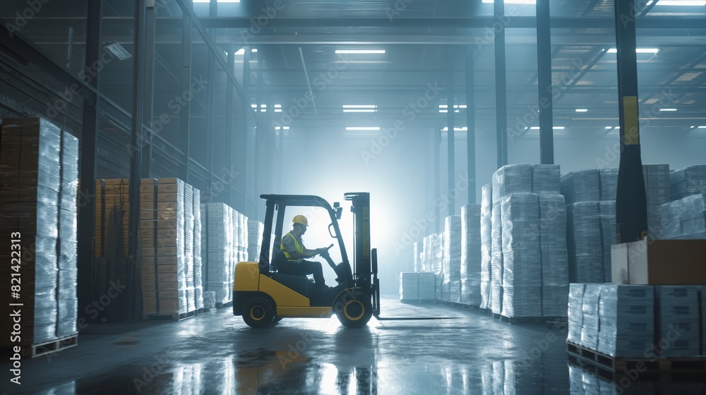 Poster in a modern warehouse, a worker efficiently navigates the facility using a forklift for logistics un