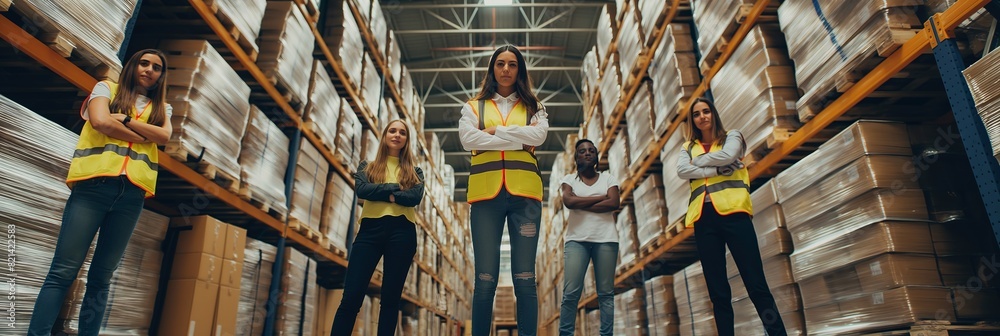 Poster Warehouse Team A diverse group working together in a storage facility, enhancing productivity while ensuring a professional and safe workplace environment through teamwork and readiness