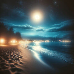 Tranquil Night at a Moonlit Beach in Summertime With Blurred Lights