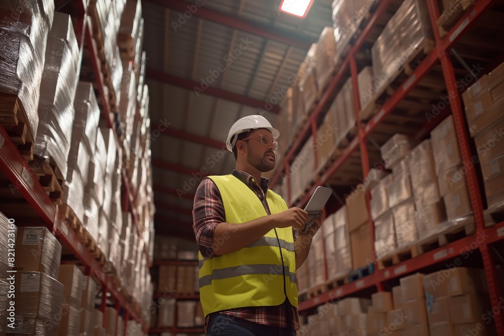Poster A Warehouse Worker in a High Visibility Vest and Hard Hat is seen using a tablet in an inventory aisle for efficient management. The worker is focused on order checking and record keeping