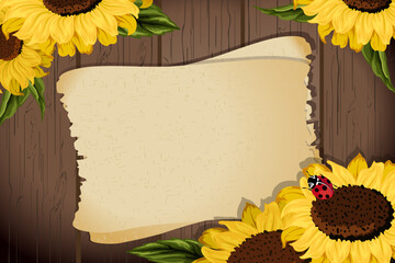 Wooden background with sunflowers.A sheet of paper and sunflowers on a wooden background in vector illustration.