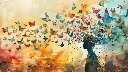 Watercolor Painting of a Person with Butterflies Flying Away