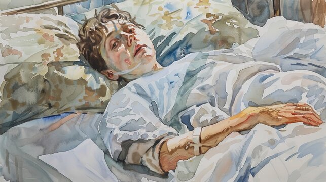 Watercolor painting of a patient in a hospital bed for medical or healthcare themed designs