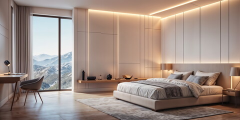 spacious bedroom with a large bed, a desk, and a chair. The room features a modern design with neutral colors and wood accents. Large windows offer a mountain view.