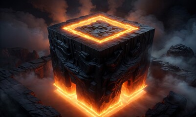 cube made of stone sits in the center of the image, glowing with a neon orange light.