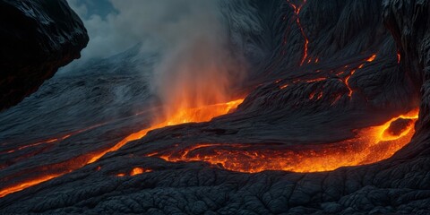 river of molten lava flowing between large rocks. The lava is bright orange and creates a path between the rocks, which are dark grey in color.