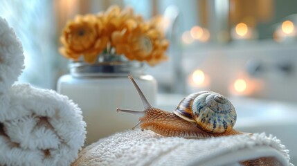 skincare contamination, a snail slowly moves across a jar of face cream in a bright bathroom, with the background out of focus