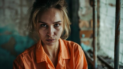 Fototapeta premium Young woman in an orange prisoner uniform sits by a barred window. Woman in prison.