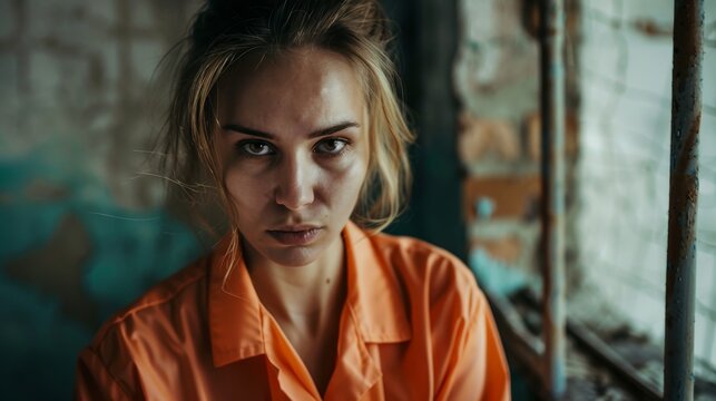 Young woman in an orange prisoner uniform sits by a barred window. Woman in prison.