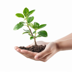 Photo of human hands holding a small plant with a white background