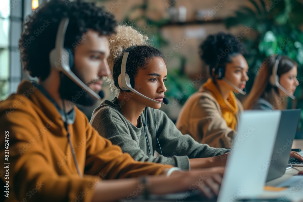 Poster a diverse customer support team in a modern office is professional, skilled, and dedicated to provid
