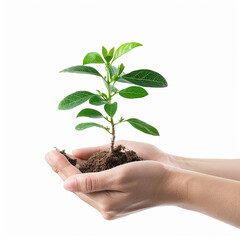 Photo of human hands holding a small plant with a white background