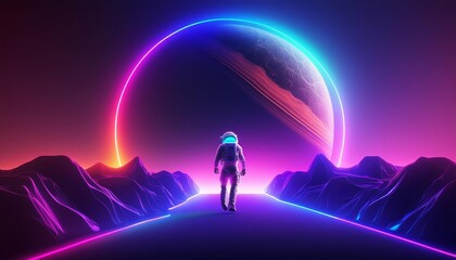 astronaut in space suit in abstract neon place