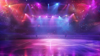 A skating rink illuminated with bright colorful lights and stage reflections. Ice Rink Background. Copy space. Winter poster for hockey competitions. Ice skating. Stadium.