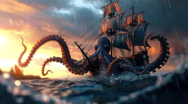 Giant octopus looming against the backdrop of a pirate ship silhouetted by the sunset. Epic maritime encounter.
Seamless looping 4k time-lapse virtual video animation background. Generated AI