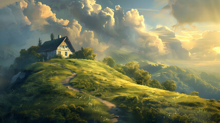 fantastic landscape showing pathway to the house on a hill, , illustration painting