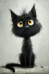 Fototapeta premium realistic BLACK STRESSED ANNOYED cartoon cat, sitting straight, tail visible from behind, frightened eyes
