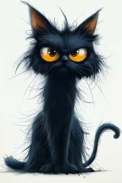realistic BLACK STRESSED ANNOYED cartoon cat, sitting straight, tail visible from behind, frightened eyes