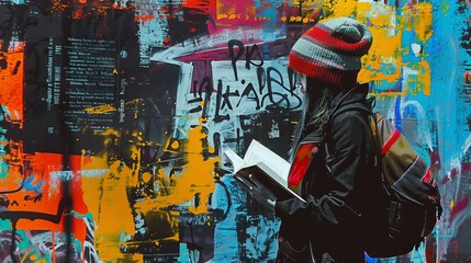 Woman reading a book against a colorful graffiti wall