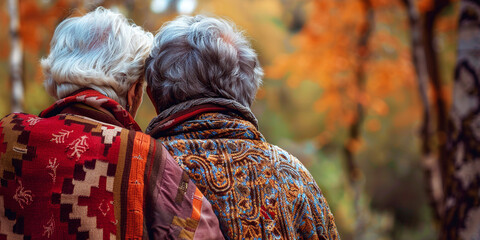 Elderly friends together seen from behind