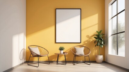 modern living room, sunshine yellow color wall background with armchair, blank poster frame