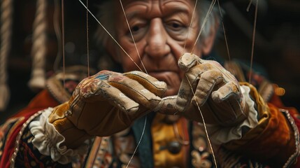 Obraz premium A closeup of a puppeteers hands as they expertly handle the puppets strings