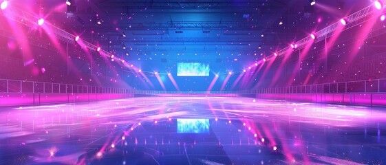 A skating rink illuminated with bright colorful lights and stage reflections. Ice Rink Background. Copy space. Winter poster for hockey competitions. Ice skating. Stadium.